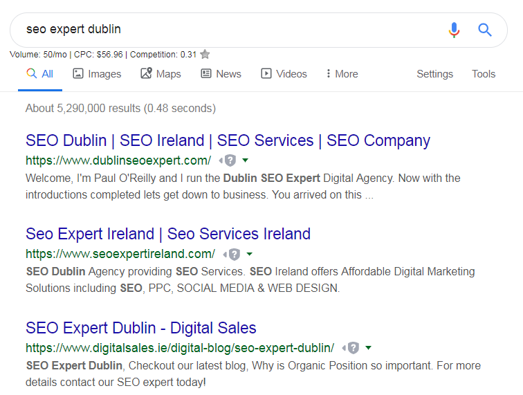 SEO Expert Dublin – Organic Position 3 – August 20th 2019