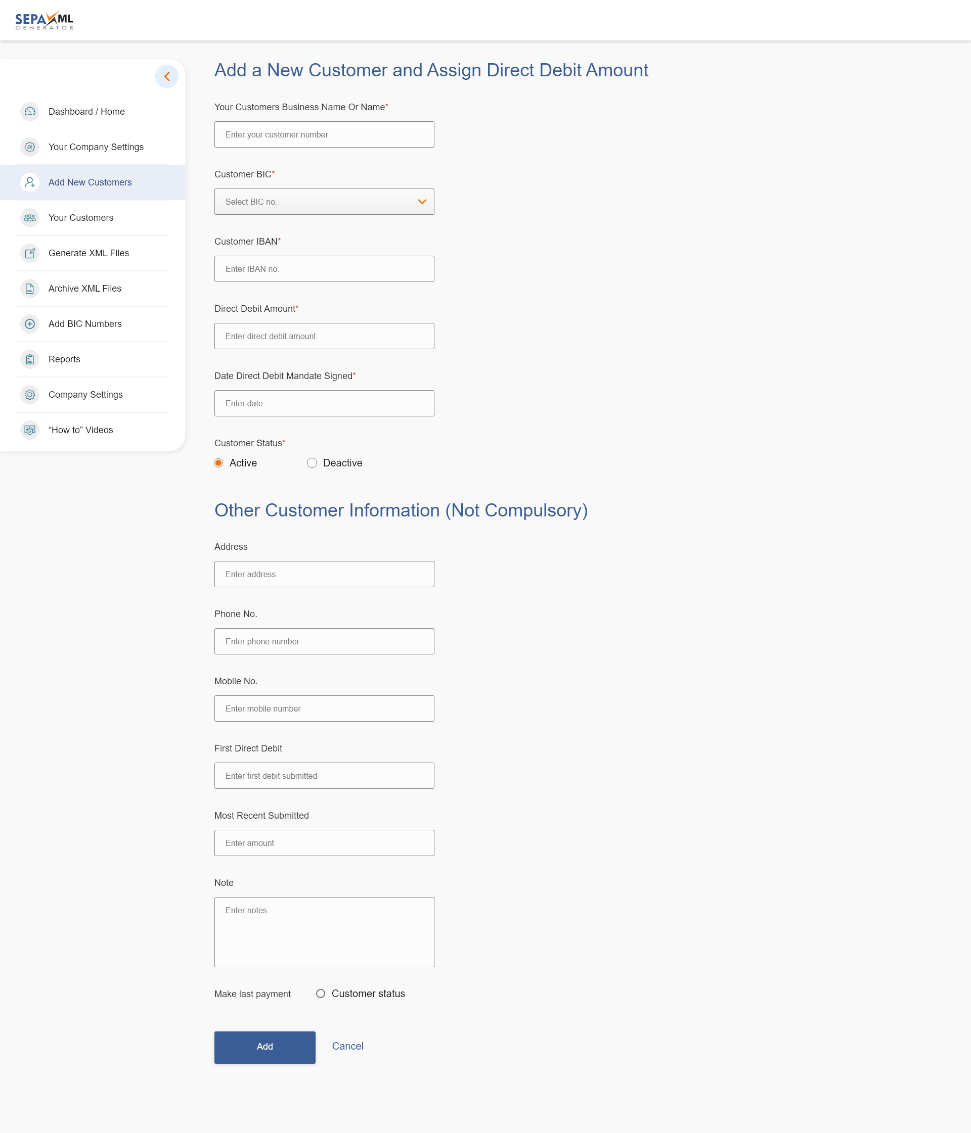 Adding a New Customer - SEPA XML GENERATOR