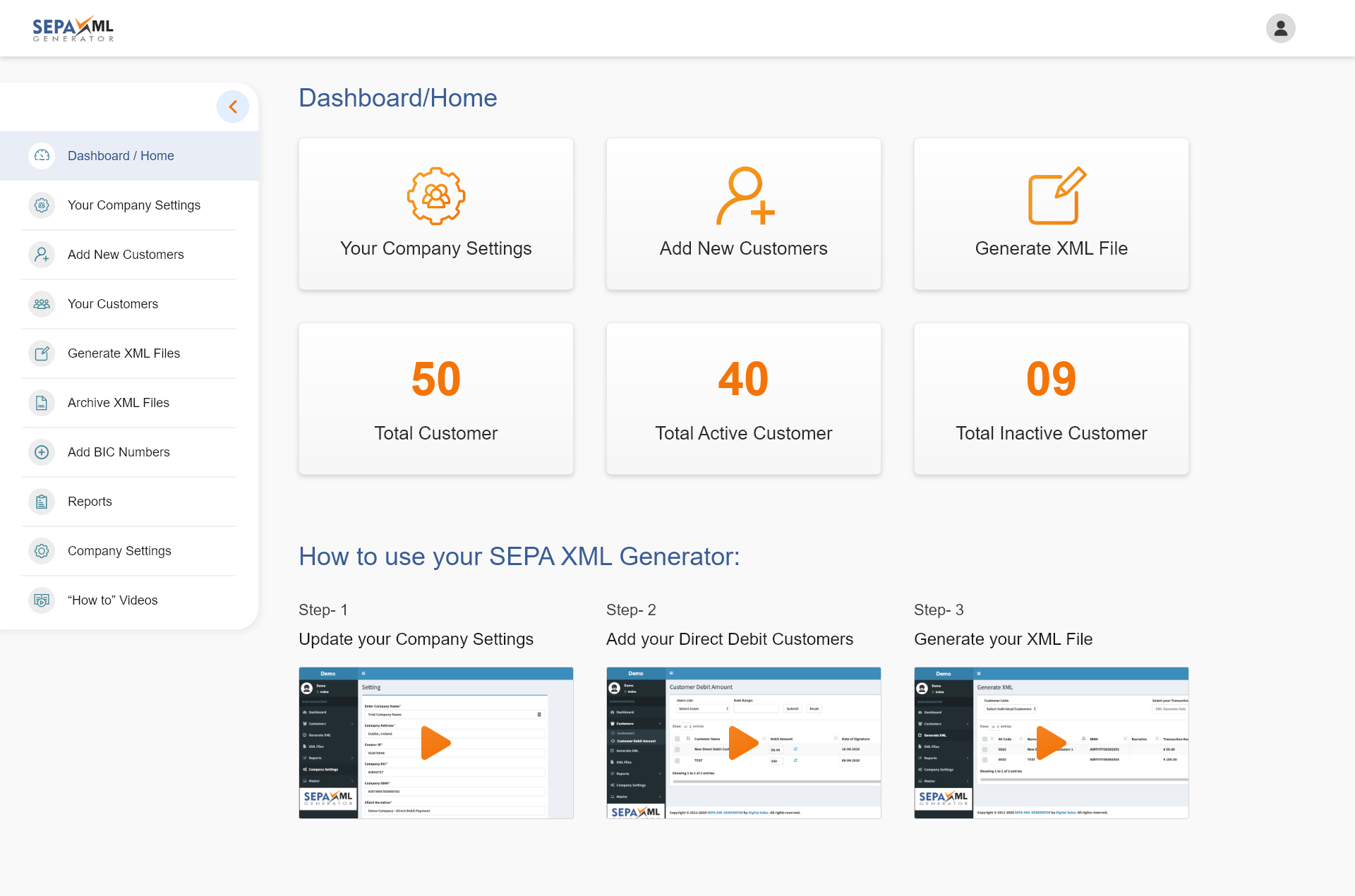 Dashboard-Home Full Menu - SEPA XML GENERATOR